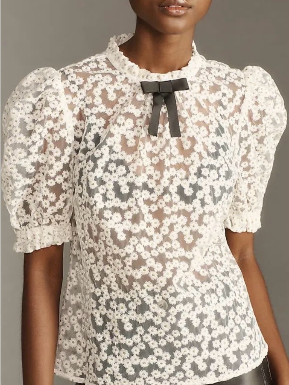 Sheer Floral Lace Puff-Sleeve Blouse with Ribbon Tie - White